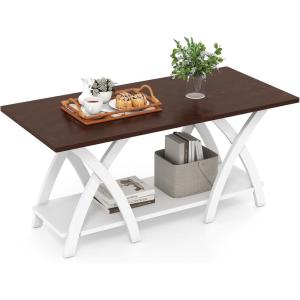 imageGiantex Farmhouse Coffee Table 2Tier Wood Center Table with Storage Shelf amp XShaped Support Legs 40 Inch Rectangular Living Room Table with Open Display Area for Small Space Grey OakampWhiteWalnut  White