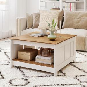 imageGiantex Farmhouse Coffee Table 315 Inch Square Wood Coffee Table with Storage Shelf 2Tier Vintage Center Table with Open Compartment Rustic Living Room Table for Home Office NaturalNatural
