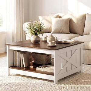 imageGiantex Farmhouse Coffee Table 315 Inch Square Wood Coffee Table with Storage Shelf 2Tier Vintage Center Table with Open Compartment Rustic Living Room Table for Home Office NaturalBrown