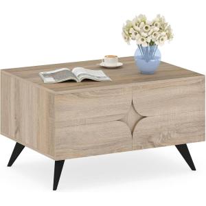 imageGiantex Farmhouse Coffee Table with Storage Accent Cocktail Table with Hidden Compartment 4 Raised Legs amp Back Storage Space Wood Center Coffee Table for Living Room Bedroom Oak