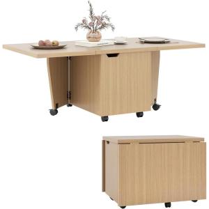 imageGiantex Folding Coffee Table 48 Inch Drop Leaf Extendable Center Table with Storage Cabinet amp Wheels Rolling Side Table Mid Century Modern Living Room Tables for Small Spaces OakOak