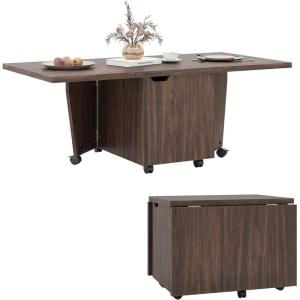 imageGiantex Folding Coffee Table 48 Inch Drop Leaf Extendable Center Table with Storage Cabinet amp Wheels Rolling Side Table Mid Century Modern Living Room Tables for Small Spaces OakWalnut