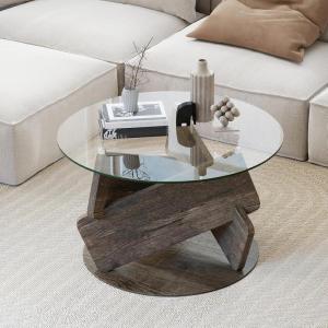 imageGiantex Glass Round Coffee Table 32 Inch Modern Center Table with Clear Tempered Glass Top Solid Wood Legs Farmhouse Living Room Tables for Small Space Apartment Grey Oak