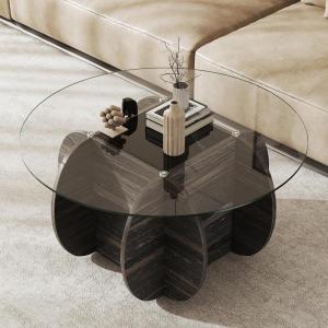 imageGiantex Glass Round Coffee Table 35 Modern Center Table with Storage Tempered Glass Top amp Solid Wood Base Living Room Tables for Apartment Dark Gray Oak