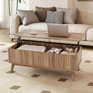 imageGiantex Lift Top Coffee Table with Storage 435 Mid Century Modern Center Table with Solid Wood Leg amp Hidden Compartment Minimalist Fluted Living Room Table for Home Office Oak435 x 20 x 165