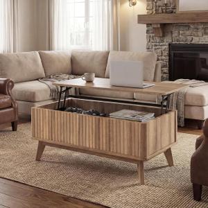 imageGiantex Lift Top Coffee Table with Storage 435 Mid Century Modern Center Table with Solid Wood Leg amp Hidden Compartment Minimalist Fluted Living Room Table for Home Office Oak355 X 20 X 165
