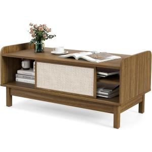 imageGiantex Mid Century Coffee Table with Storage Rattan Modern Tea Table with Sliding Doors Adjustable amp Removable Shelf Rattan Woven Door Wooden Accent Center Tables for Living Room Apartment