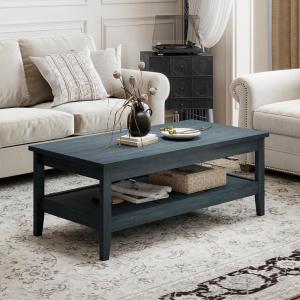 imageGiantex Mid Century Modern Coffee Table 2Tier Rectangle Wood Center Table with Slatted Storage Shelf Vintage Living Room Table for Reception Charcoal BlueCharcoal Blue