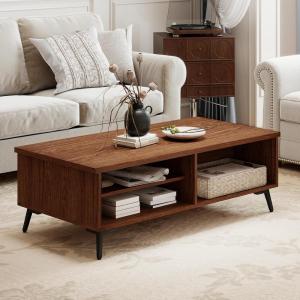 imageGiantex Mid Century Modern Coffee Table 2Tier Wood Rectangular Center Table with Storage Shelves Compartments amp Metal Legs Vintage Living Room Tables for Reception WalnutWalnut