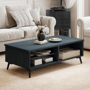 imageGiantex Mid Century Modern Coffee Table 2Tier Wood Rectangular Center Table with Storage Shelves Compartments amp Metal Legs Vintage Living Room Tables for Reception WalnutCharcoal Blue