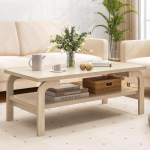 imageGiantex Mid Century Modern Coffee Table 47 2Tier Center Table with Storage Shelf Rectangular Vintage Cocktail Table wCurved Legs amp Large Tabletop Wood Living Room Tables for Apartment WalnutNatural