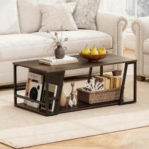imageGiantex Modern Coffee Table with Storage 2Tier Rustic Wood Center Table with Shelf Compartment Metal Frame Rectangular Geometric Living Room Table for Apartment OakEspresso