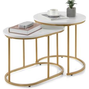 imageGiantex Modern Nesting Coffee Table Set of 2 Coffee Table amp End Table Sets Golden Steel Frame Easy Assembly Accent MarbleLook Stacking Side Table for Living Room Bedroom Apartment Gold