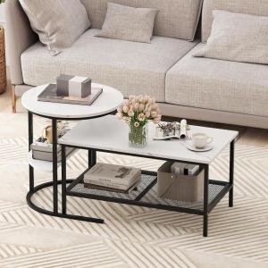 imageGiantex Nesting Coffee Table Set of 2 Detachable Rectangular Table amp Round Table Set wWood Grain Sturdy Golden Metal Frame Modern Stacking Side Table for Living Room Bedroom Rustic BrownBlack  White
