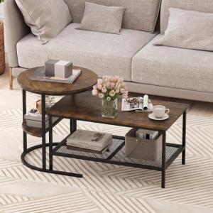 imageGiantex Nesting Coffee Table Set of 2 Detachable Rectangular Table amp Round Table Set wWood Grain Sturdy Golden Metal Frame Modern Stacking Side Table for Living Room Bedroom Rustic BrownBlack  Rustic Brown