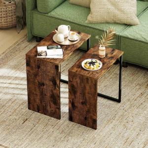 imageGiantex Nesting Coffee Table Set of 2 Rectangular Stackable Side Tables with Sturdy Metal Frames Modern Nesting End Tables for Living Room Bedroom Rustic Brown