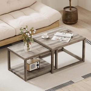 imageGiantex Nesting Coffee Table Set of 2 Stackable 2Tier End Tables with Storage Shelf Rubber Wood Frame Farmhouse Nesting Tables for Living Room Bedroom Small Space Grey Oak