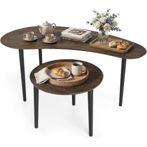 imageGiantex Nesting Tables Set of 2 Mid Century Modern Coffee Tables with Solid Wood Support Legs Wood Side End Tables in Kidney amp Round Shape for Living Room Easy Assembly Walnut