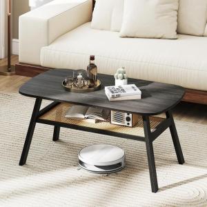 imageGiantex Rattan Coffee Table 2Tier Mid Century Modern Rectangular Center Table with Rattan Storage Shelf amp Rubber Wood Legs Living Room Table for Small Spaces Dorm ApartmentDark Gray