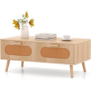 imageGiantex Rattan Coffee Table Mid Century Modern Center Table with 2 Storage Drawers amp Back Compartment Rectangular Accent Table with Solid Wood Legs for Living Room Natural