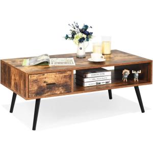 imageGiantex Rectangular Coffee Table MidCentury TV Stand w 1 Drawer and Open Storage Shelf for Living Room Reception Room Accent Sofa Cocktail Table 43 L x 215 W x 175 H Rustic BrownRustic Brown