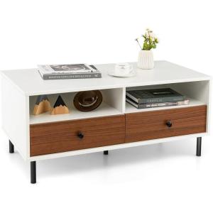 imageGiantex Rectangular Wood Coffee Table 2Tier Modern Center Table with 2 Drawers 2 Storage Shelves Easy Assembly 40Length TV Stand for Living Room