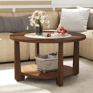 imageGiantex Round Coffee Table 2Tier Farmhouse Living Room Table with 2Tone Tabletop Open Storage Shelf amp Support Legs Small Wood Center Table for Living Room Walnut amp White
