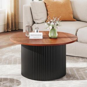 imageGiantex Round Coffee Table 32 Wooden Accent Cocktail Tea Table with Solid Wood Veneered amp Fluted Design Mid Century Modern Center Table for Living Room Black amp WalnutBlack  Walnut