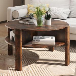 imageGiantex Round Coffee Table 32 Wooden Accent Cocktail Tea Table with Solid Wood Veneered amp Fluted Design Mid Century Modern Center Table for Living Room Black amp WalnutRustic Brown