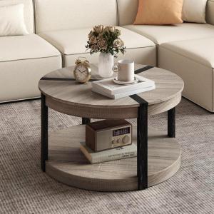 imageGiantex Round Coffee Table 345 Mid Century Modern Circle Cocktail Accent Table with Open Storage Shelf amp Rubber Wood Frame 2 Tier Center Table for Living Room Reception Room Grey Oak