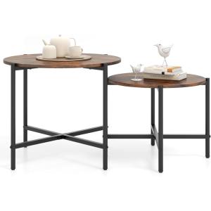 imageGiantex Round Coffee Table Set of 2 Nesting Tables with Metal Frame Imitated MarbleLike Top Adjustable Foot Pads Circle End Table Side Tables Center Table for Living Room Bedroom WhiteRustic Brown