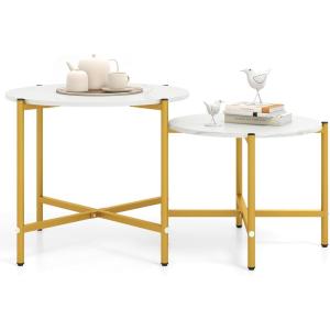 imageGiantex Round Coffee Table Set of 2 Nesting Tables with Metal Frame Imitated MarbleLike Top Adjustable Foot Pads Circle End Table Side Tables Center Table for Living Room Bedroom WhiteWhite