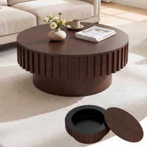 imageGiantex Round Coffee Table with Storage Modern Drum Fluted Center Table with Solid Wood Veneered Unique Circle Wood Coffee Table for Living Room Small Spaces NaturalBrown
