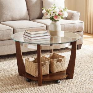 imageGiantex Round Glass Coffee Table 32 Rolling Center Tables with Wheels 2Tier Cocktail Tea Table with Storage Shelf Solid Rubber Wood Legs Tempered Glass Top Modern Living Room Tables WalnutWalnut