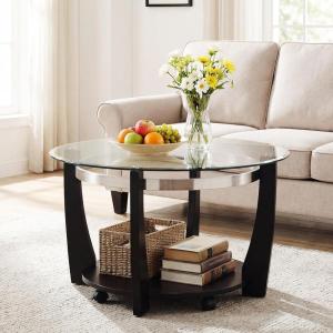 imageGiantex Round Glass Coffee Table 32 Rolling Center Tables with Wheels 2Tier Cocktail Tea Table with Storage Shelf Solid Rubber Wood Legs Tempered Glass Top Modern Living Room Tables WalnutBlack