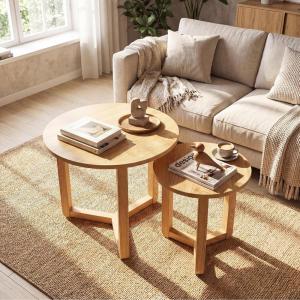 imageGiantex Round Nesting Coffee Table Set of 2 Wood Nesting End Tables with Thickened Top amp Solid Rubber Wood Legs Farmhouse Sofa Side Table for Small Spaces Living Room Bedroom NaturalNatural