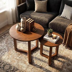imageGiantex Round Nesting Coffee Table Set of 2 Wood Nesting End Tables with Thickened Top amp Solid Rubber Wood Legs Farmhouse Sofa Side Table for Small Spaces Living Room Bedroom NaturalWalnut