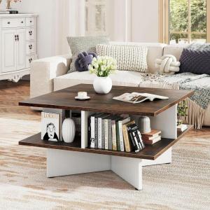 imageGiantex Square Coffee Table Mid Century Modern Center Table with 4 Storage Compartments amp CrossShape Base 24 Inch Farmhouse Coffee Tables for Living Room BrownBrown