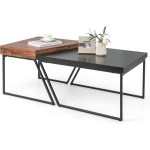 imageGiantex Stacking Coffee Table Set of 2 Black amp Brown Modern Side Table with Powder Coated Metal Legs Trapezoid Nesting Table for Living Room Office Bedroom Black  Brown