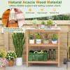 imageGiantex 3Tier Outdoor Potting Bench Acacia Wood Planting Workstation with Faux Marble Tabletop Open Storage Shelves 300LBS Capacity Garden Potting Table for Horticulture