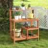imageGiantex 4Tier Potting Bench Solid Wood Gardening Workstation wOpen Storage Shelves Teak Oil Finish Outdoor Potting Table for Garden Yard Balcony Easy Assembly Natural