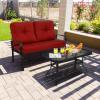 imageGiantex Patio Loveseat with Coffee Table Outdoor Bench with Cushion and Metal Frame Loveseat Porch Furniture Set Sofa for Garden Yard Patio or Poolside Deep Red amp BlackDeep Red  Black