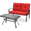 imageGiantex Patio Loveseat with Coffee Table Outdoor Bench with Cushion and Metal Frame Loveseat Porch Furniture Set Sofa for Garden Yard Patio or Poolside Deep Red amp BlackRed  Black