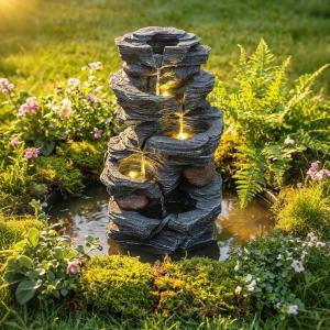 imageGiantex 32 Water Fountain Outdoor 4Tier Cascading Bowls Waterfall Fountain with Warm LED Lights amp Pump Outside Zen Water Feature for Patio Balcony Deck Garden Yard Decor18 5Tier