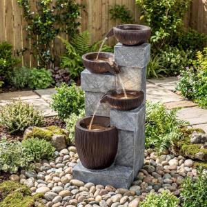 imageGiantex 32 Water Fountain Outdoor 4Tier Cascading Bowls Waterfall Fountain with Warm LED Lights amp Pump Outside Zen Water Feature for Patio Balcony Deck Garden Yard Decor32 4Tier