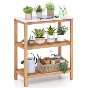 imageGiantex 3Tier Outdoor Potting Bench Acacia Wood Planting Workstation with Faux Marble Tabletop Open Storage Shelves 300LBS Capacity Garden Potting Table for Horticulture