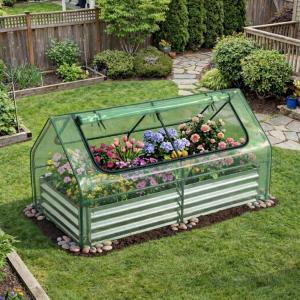 imageGiantex 3in1 Metal Raised Garden Bed with Greenhouse Cover 6x3x4 FT Metal Elevated Outdoor Planter Box with RollUp Windows Open Base Grow Box for Vegetables Flowers and Herbs BlackGreen
