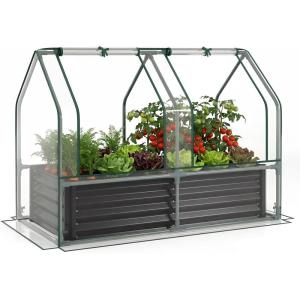 imageGiantex 3in1 Metal Raised Garden Bed with Greenhouse Cover 6x3x4 FT Metal Elevated Outdoor Planter Box with RollUp Windows Open Base Grow Box for Vegetables Flowers and Herbs BlackBlack