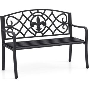 imageGiantex 505 Outdoor Bench with Metal Frame Floral Design Cast Iron Backrest Slatted Seat Adjustable Foot Pads Load 660Lbs Garden Bench for Outside Patio Backyard Porch Park Black