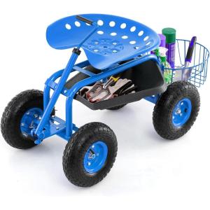 imageGiantex Garden Work Seat with Wheels 360 Degree Swivel Gardening Workseat with Storage Basket Adjustable Height Steering Handle Outdoor Garden Stool Cart for Planting Trimming BlueBlue